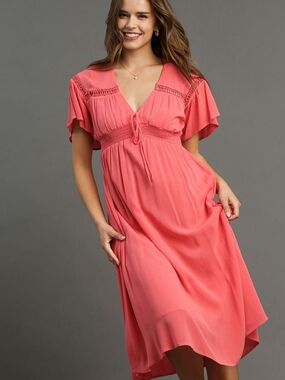 Umgee Coral Pink Flutter-Sleeve V-Neck Midi Dress